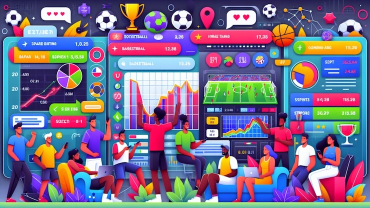 여러 사람이 노트북과 스마트폰으로 축구, 농구 등 온라인파워볼 베팅을 즐기며 데이터 그래프와 경기 화면을 보는 장면