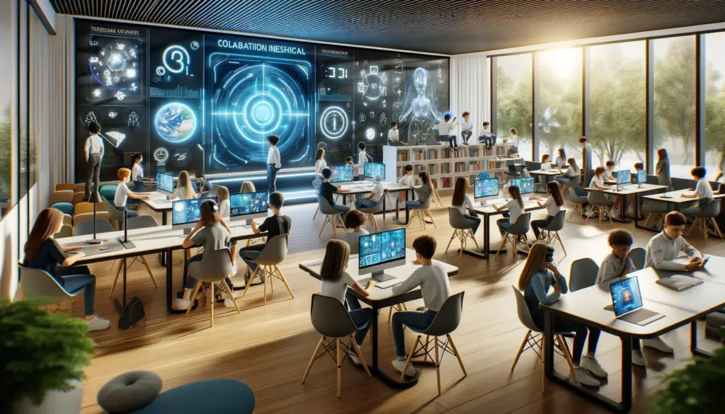 A futuristic classroom filled with students using advanced technology and AI tools for collaborative learning