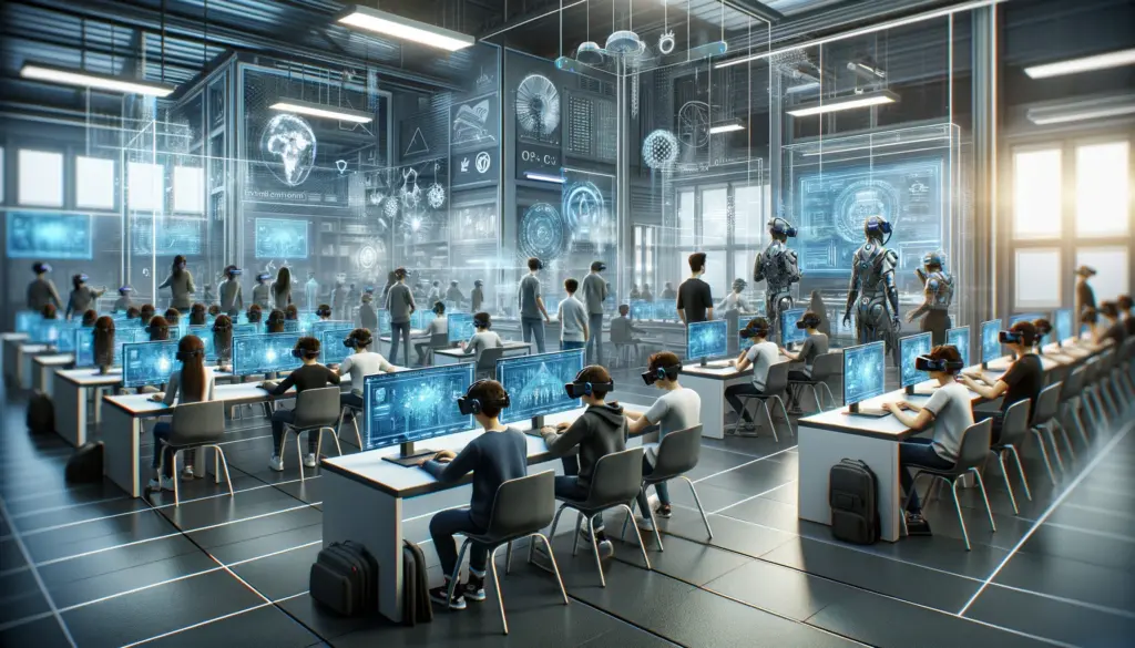 A futuristic classroom filled with students using artificial intelligence technology to learn. The room is equipped with virtual reality headsets