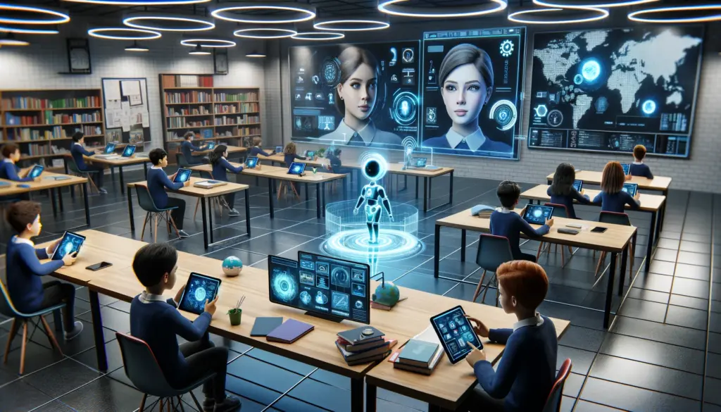 A futuristic classroom where students are using tablets and augmented reality to learn. The room with a smart virtual assistant