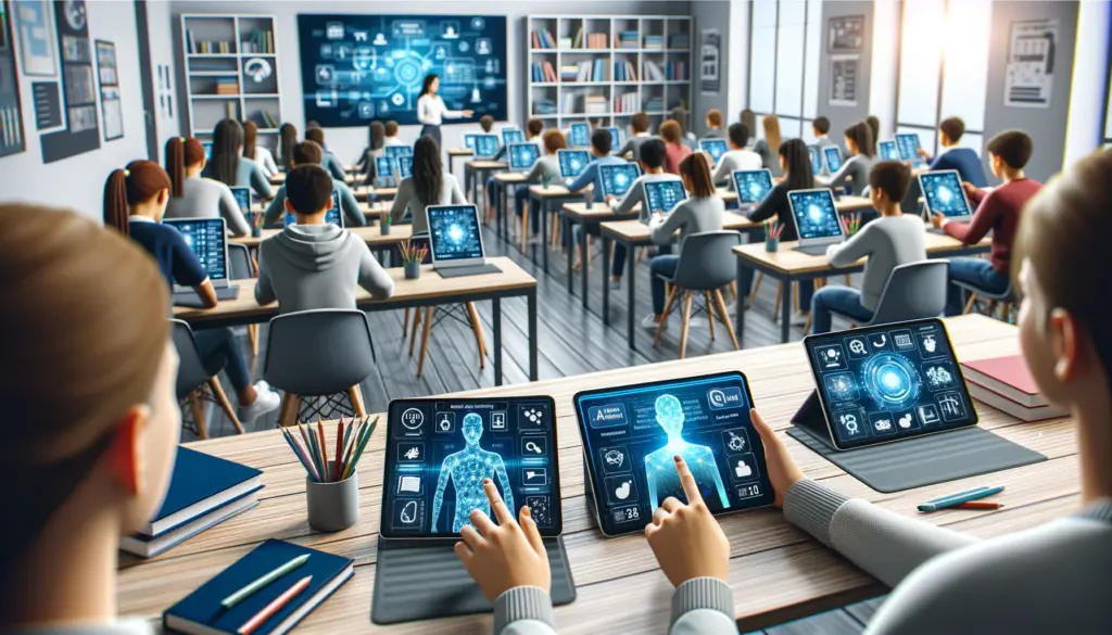 A modern classroom filled with students interacting with advanced and personalized learning interfaces