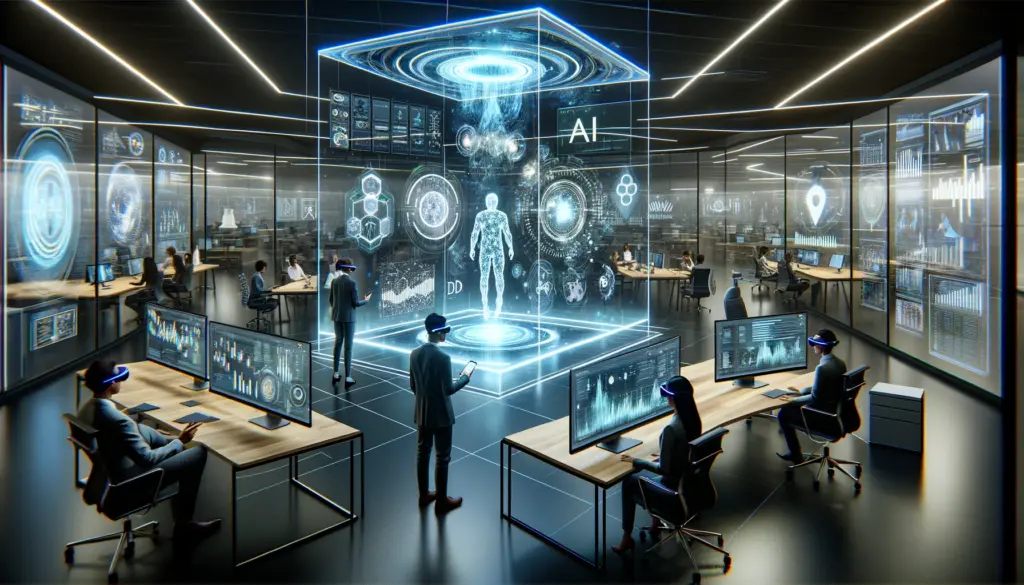 AI data analysis in 2024 showcasing cutting edge technology and advanced graphics within an innovative office e