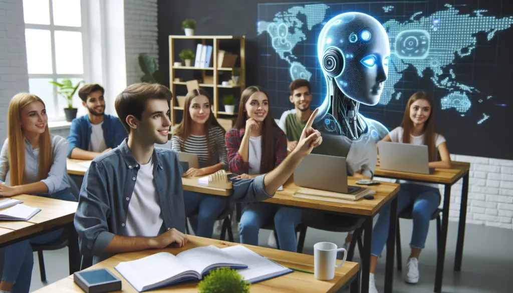 Aula moderna e innovadora con estudiantes utilizando tecnologia de inteligencia artificial para el aprendizaje