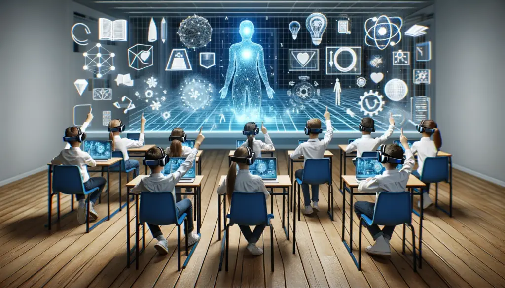 Estudiantes en un aula futurista utilizando tecnologia de realidad aumentada y dispositivos inteligentes para interactuar con contenido educativo digital