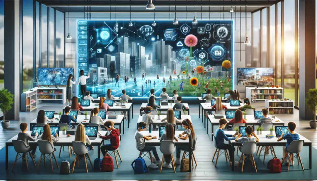 Modern classroom with students using advanced technology for educational gamification showing an immersive and personalized learning experience with
