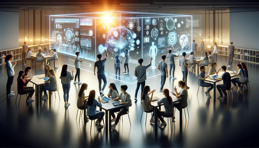 Students interacting with artificial intelligence technology in a futuristic virtual classroom showcasing diversity and collaboration