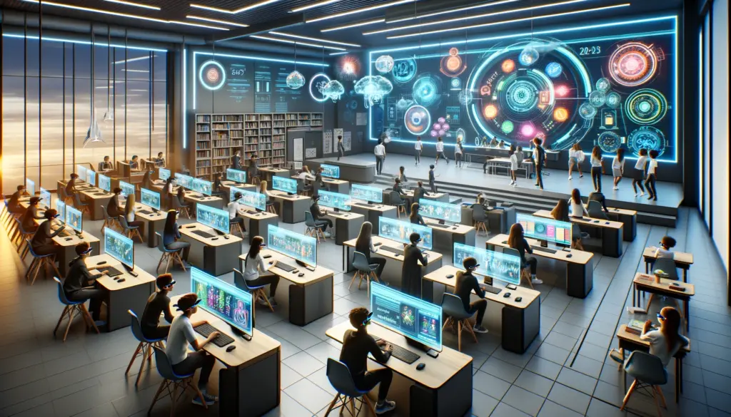a futuristic classroom in the year 2024 where students are actively engaging with advanced artificial intelligence technologies