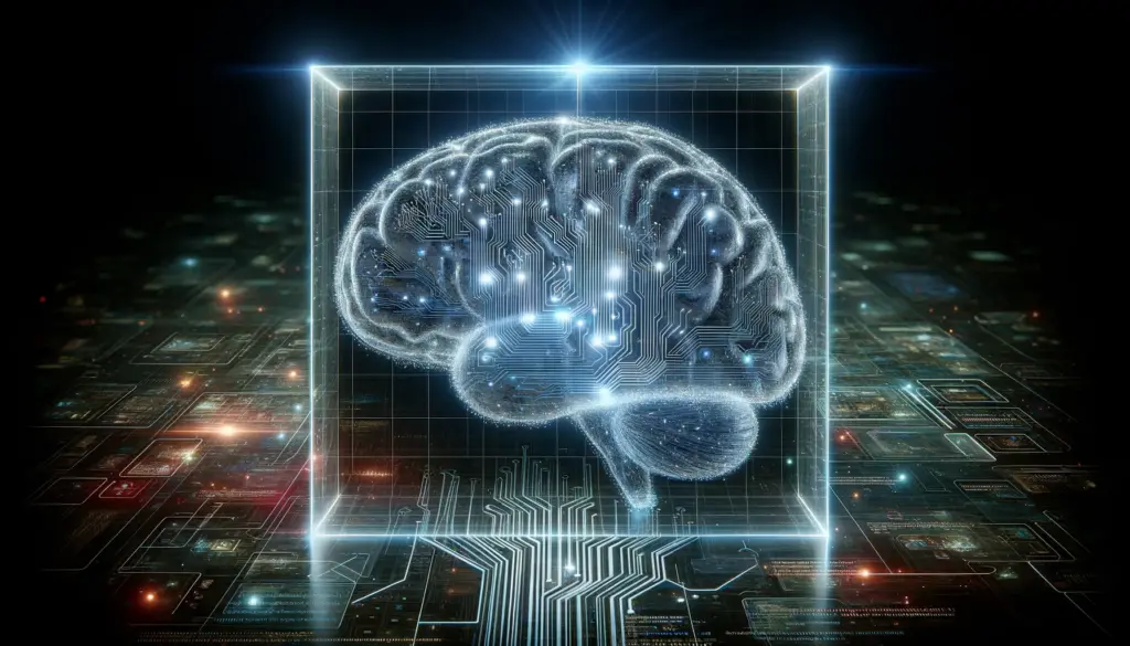 a futuristic depiction of a human brain integrated with artificial intelligence technology