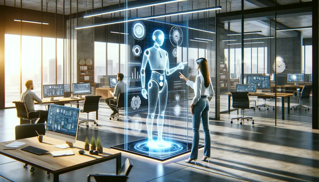 asistente virtual con IA y un humano en un entorno de oficina moderno simbolizando la integracion futurista de la tecnologia