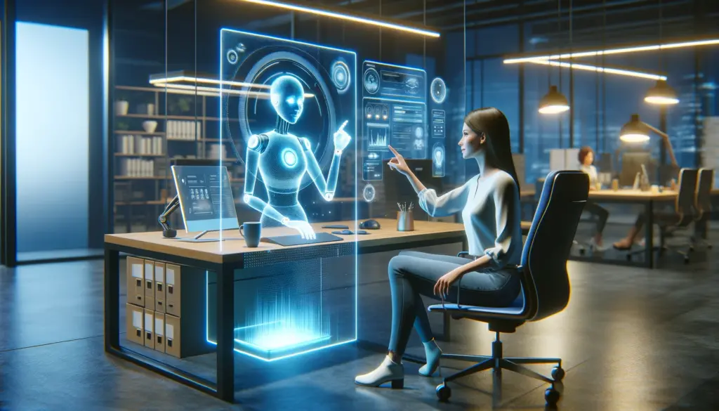 asistente virtual inteligente en forma de holograma interactuando con una persona en un entorno de oficina moderno
