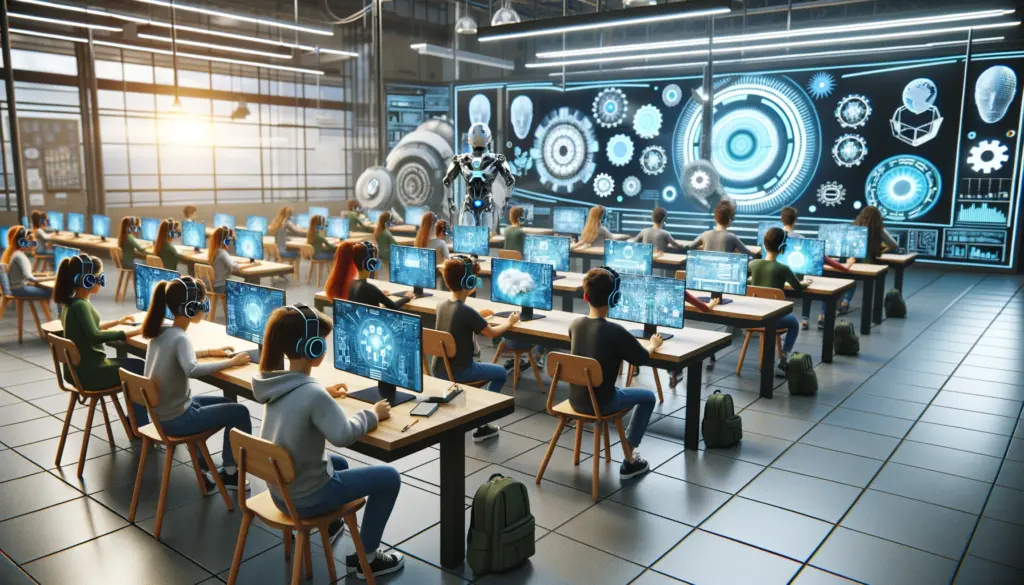 una escena futurista de un aula donde los estudiantes utilizan tecnología avanzada de inteligencia artificial para su aprendizaje, ideal para la portada del artículo "Educación con IA: Avances y Tendencias Futuras"