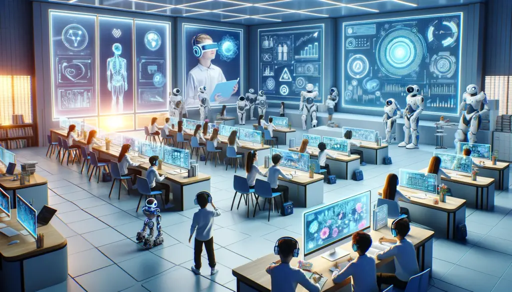 aula futurista con estudiantes utilizando diversas tecnologias impulsadas por inteligencia artificial para el aprendizaje