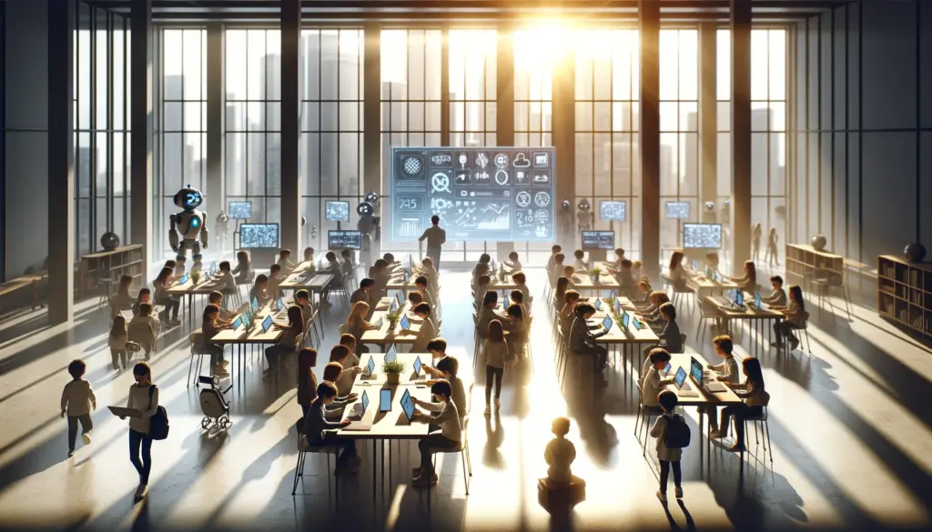 aula moderna y luminosa llena de tecnologia avanzada y dispositivos de inteligencia artificial
