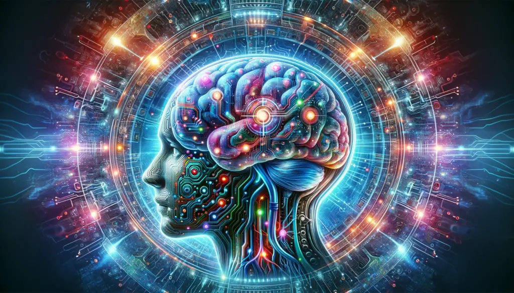 cerebro humano conectado con circuitos y elementos de inteligencia artificial
