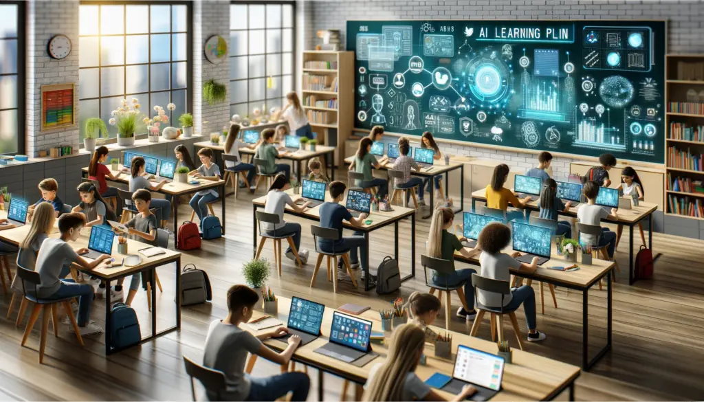 classroom setting where students are utilizing artificial intelligence technology to enhance their learning experience