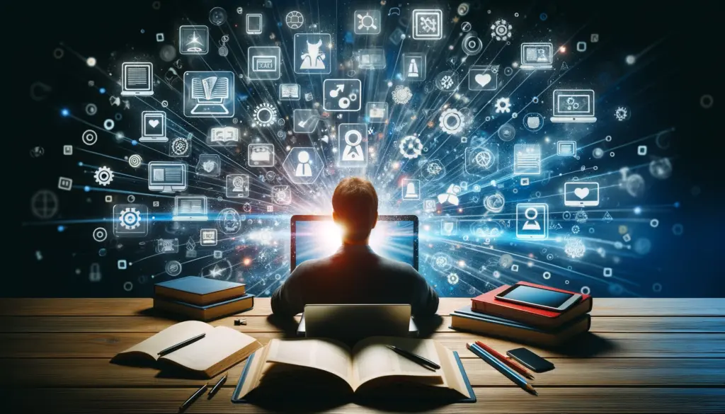 concepto de aprendizaje digital en la era moderna mostrando una persona utilizando una laptop con varios libros