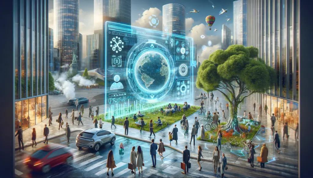 el mundo digital de 2024 con elementos que representan desafios y etica. Incluye una gran pantalla transparente