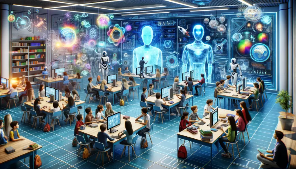 futuristic classroom filled with diverse students interacting with holographic displays and intelligent robots showcasing the integration of artificial intelligence