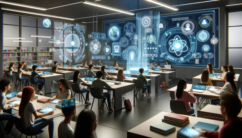 futuristic classroom with diverse students interacting with holographic screens and artificial intelligence highlighting the integration of AI
