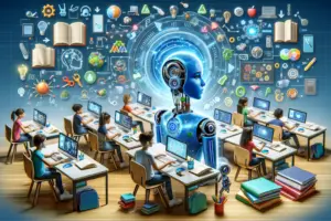 herramientas de inteligencia artificial transformando el ambito educativo con elementos como libros digitales pc tablets con asistente virtual