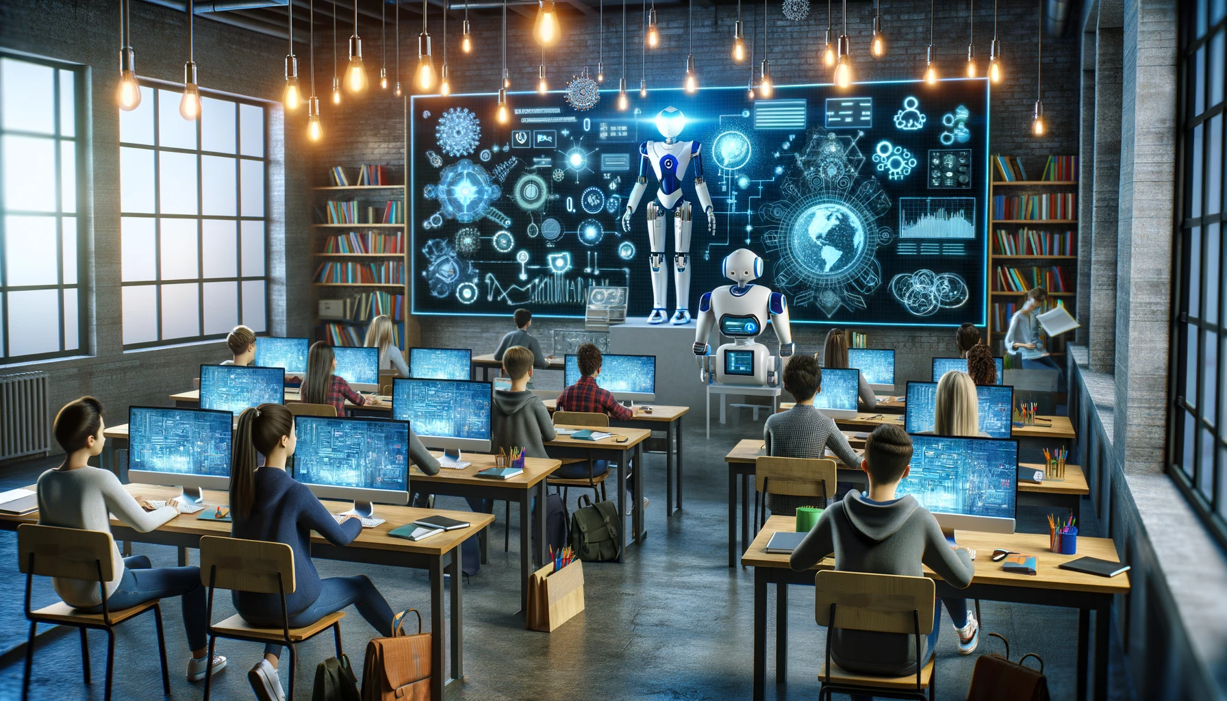 integracion de la inteligencia artificial en la educacion mostrando una aula moderna con estudiantes