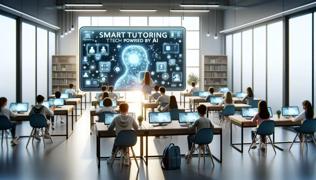 students interacting with smart tutoring technology powered by AI in a modern classroom showing the use of technology