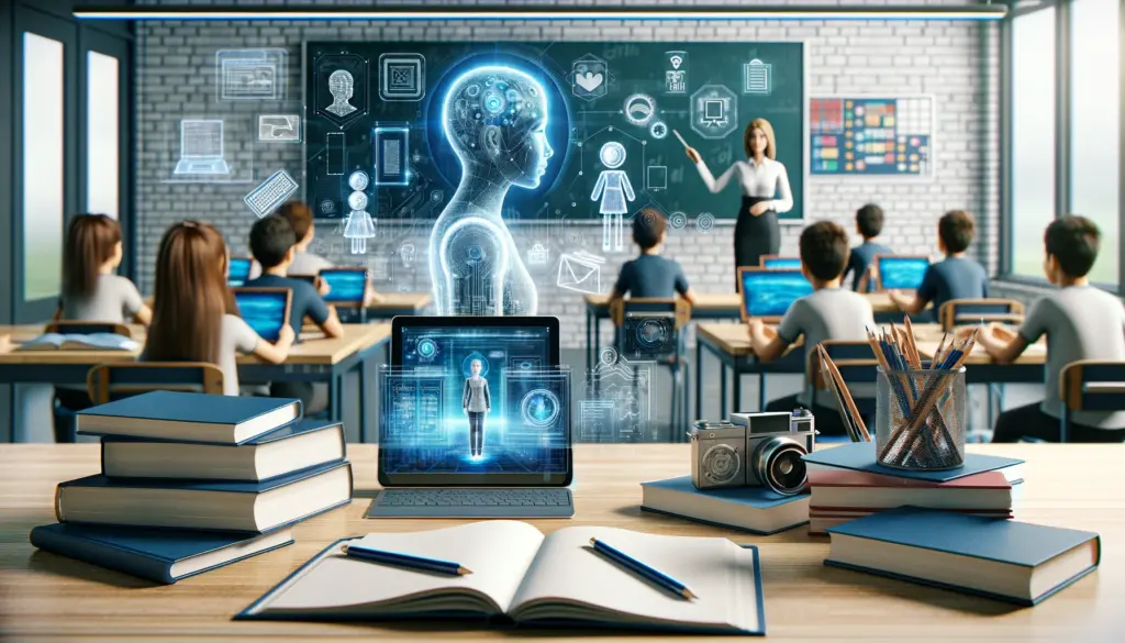 the integration of artificial intelligence in education featuring elements such as a tablet or computer